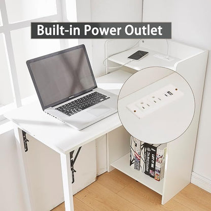 Fold Out Desk with Storage and Built-in Outlet, Mid Century Foldable Desk for Small Spaces, Hidden Folding Table for Home Office or Bedroom (White)