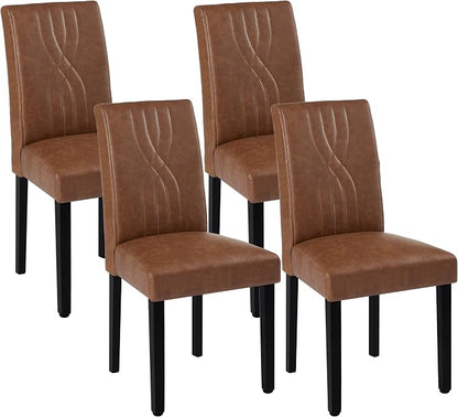 VECELO Upholstered Dining Chairs Set of 4, Modern PU Leather High Back Chairs with Solid Wood Legs for Kitchen and Living Room, Brown