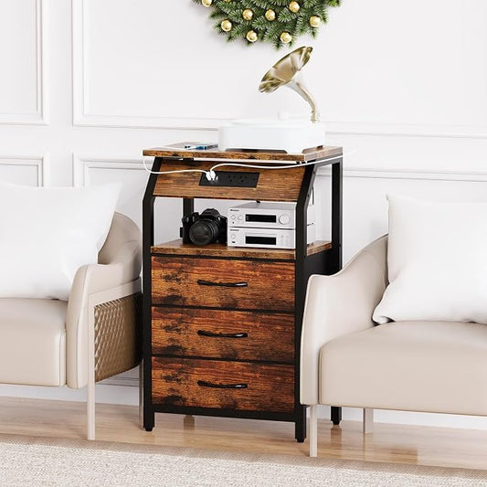 SZLHANJZ End Table with Charging Station, Nightstand with LED Lights and 3 Drawers, Small Night Stand with Fabric Storage, Retro Side Table for Bedside, Living Room Dorm, Rustic Brown