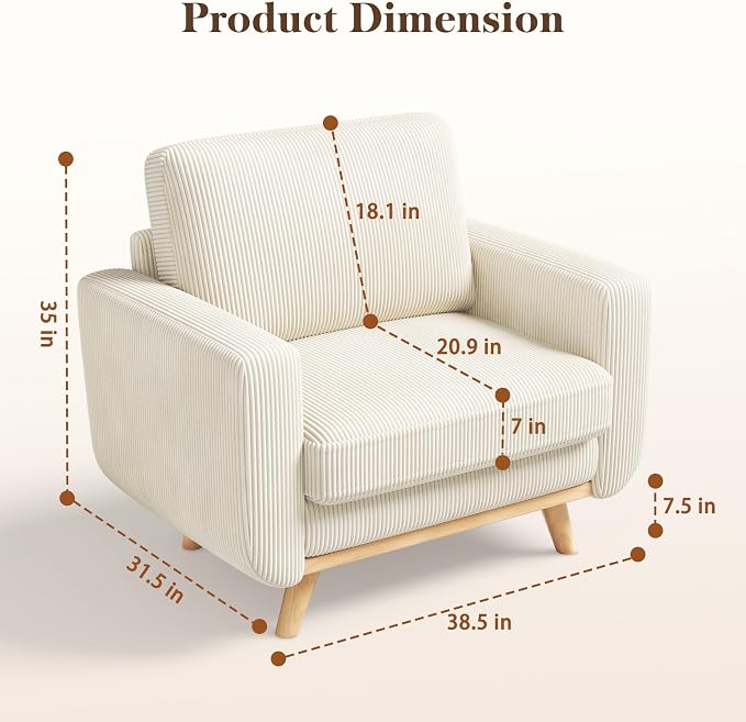 Vesgantti 38.5" Accent Chair Beige, Comfy Corduroy Single Sofa Seat with Spring Cushion, Upholstered Armchair with Deep Seat, Reading Chair for Adults, Modern Sofa for Living Room, Bedroom