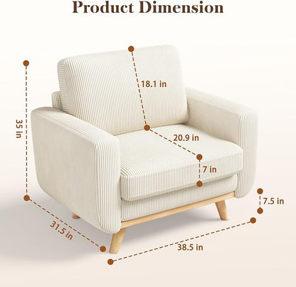 Vesgantti 38.5" Accent Chair Beige, Comfy Corduroy Single Sofa Seat with Spring Cushion, Upholstered Armchair with Deep Seat, Reading Chair for Adults, Modern Sofa for Living Room, Bedroom