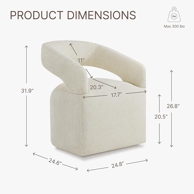 KISLOT Upholstered Dining Chairs Set of 1, Modern Rolling Dining Chairs with Hidden Casters, Arm Kitchen Chairs with Linen Look Fabric, Padded Barrel Chairs for Dining Room, Kitchen, Cream Beige