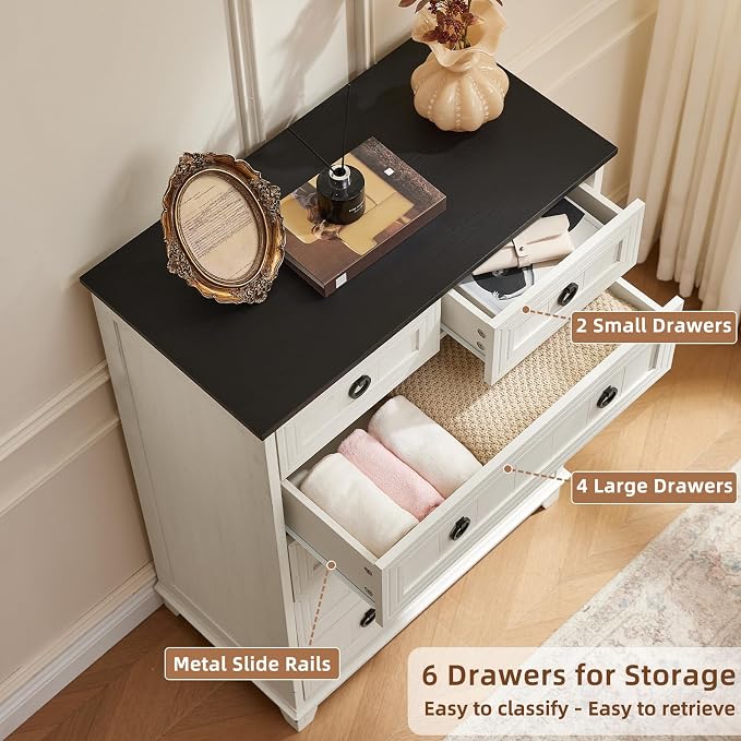 Joaxswe Farmhouse 6 Drawer Dresser for Bedroom, 41" Tall Small Dressers & Chest of Drawers, Rustic Wood Dresser with Metal Handle, Storage Organizer Closet for Living Room, Hallway, Entryway