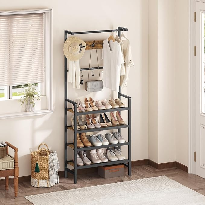 YATINEY Hall Tree, Coat and Shoe Rack, Entryway Coat Rack with 4-Tier Wooden Shoe Rack and 10 Hooks, Freestanding Hall Tree with Shoe Storage for Entryway, Hallway, Rustic Brown and Black MT09BR