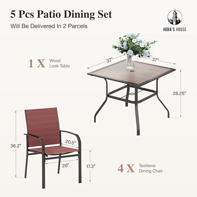 HERA'S HOUSE Outdoor Dining Set 5 Piece Patio Furniture Set, 4 x Textilene Dining Chair, 37" Square Wood Look Table for Lawn Garden Backyard Deck, Red