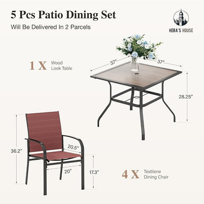 HERA'S HOUSE Outdoor Dining Set 5 Piece Patio Furniture Set, 4 x Textilene Dining Chair, 37" Square Wood Look Table for Lawn Garden Backyard Deck, Red