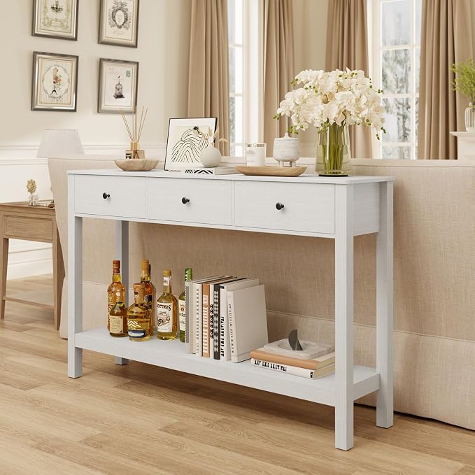 Gizoon Sofa Table with Drawers, Modern Accent Console Table with Open Shelf, Large Storage Space, for Living Room, Front Hall, Entrance Hall, Study Room, White