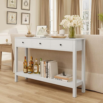 Gizoon Sofa Table with Drawers, Modern Accent Console Table with Open Shelf, Large Storage Space, for Living Room, Front Hall, Entrance Hall, Study Room, White