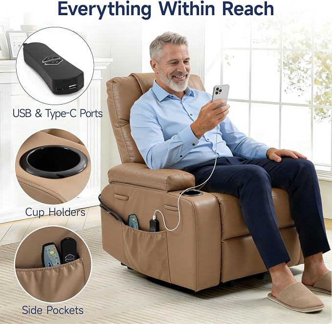 Brage Living Power Lift Recliner Chair for Elderly with Massage & Heat, PU Leather Electric Recliner with USB Charge Port, 160° Adjustable Recline, Stand Assist, Remote Control, Cup Holders (Brown)