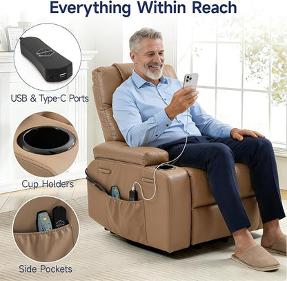 Brage Living Power Lift Recliner Chair for Elderly with Massage & Heat, PU Leather Electric Recliner with USB Charge Port, 160° Adjustable Recline, Stand Assist, Remote Control, Cup Holders (Brown)