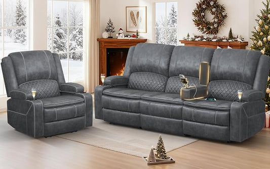 3+1 Manual Recliner Sofa, Maximum Load Capacity 1800lbs & Ergonomics Design, Multi-Functional Middle Seat & Home Theater Seating with Removable Armrest and Storage for RV Living Room (Velvet,Grey)