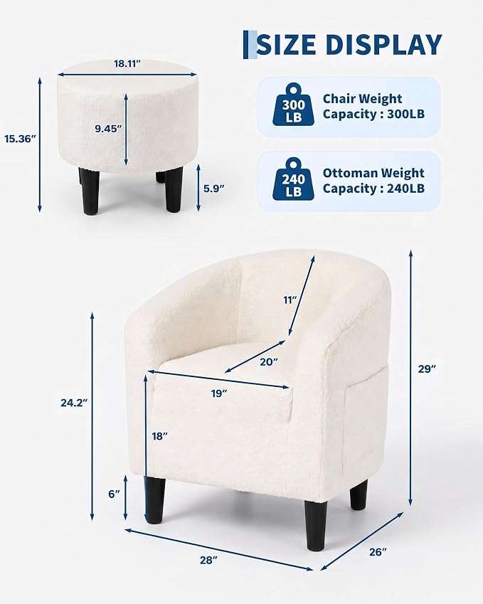 GarveeHome Accent Chair with Ottoman, Boucle Barrel Chair for Bedroom, Soft Armchair with Footstool, Modern Living Room Chair for Small Space, Beige