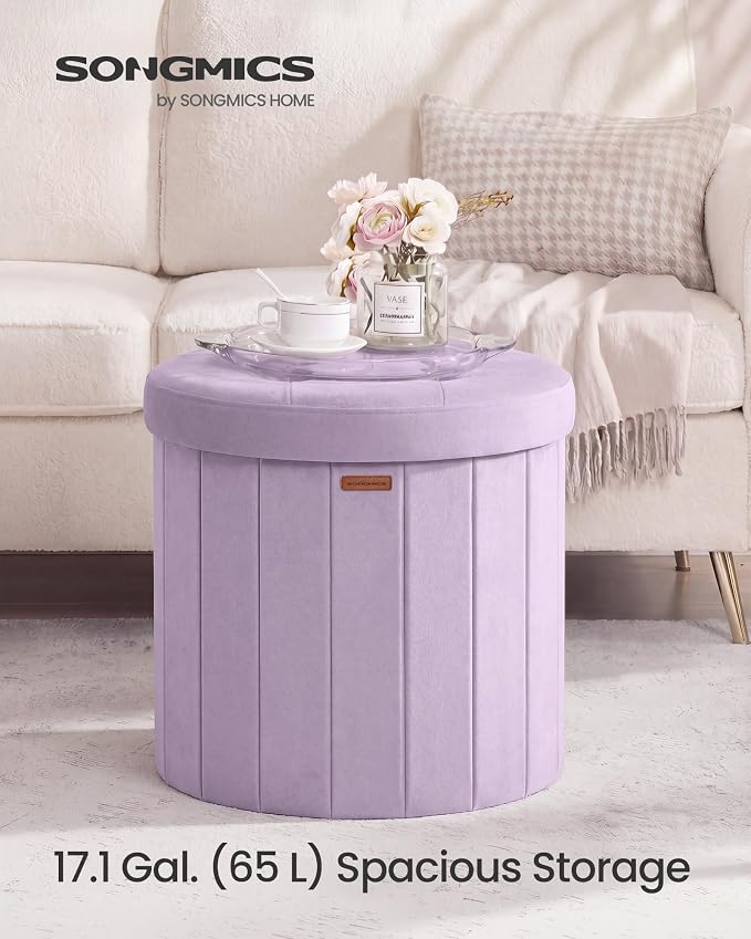 SONGMICS Mazie Collection - Round Storage Ottoman, Folding Footrest Stool with Removable Lid, Easy Assembly, Velvet Vanity Stool for Bedroom, Living Room, Entryway, Purple ULSF608PE01