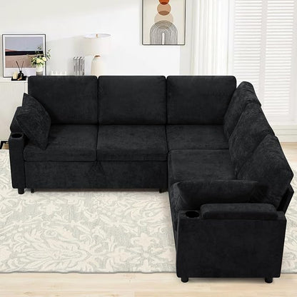 85" Chenille Sectional Sofa w/Pull Out Bed & Storage Space, Black | Upholstery L Shaped Couch w/Cup Holders, Modern Corner Sofa w/USB Charging Port & Throw Pillow for Living Room