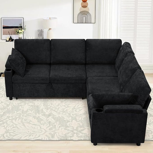 85" Chenille Sectional Sofa w/Pull Out Bed & Storage Space, Black | Upholstery L Shaped Couch w/Cup Holders, Modern Corner Sofa w/USB Charging Port & Throw Pillow for Living Room