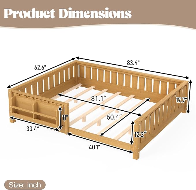 Bellemave Queen Size Montessori Floor Bed with Slats and Fence, Queen Size Montessori Bed with Rails and Bookcase, Easy Assemble Floor Beds Frame,Deep Natural