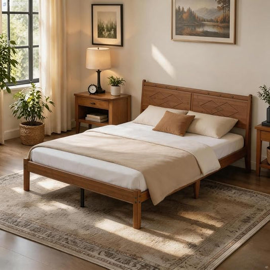 Askeld 14 inch Bamboo King Bed Frame with Headboard, Light Cottagecore Solid Wood Platform Bed No Box Spring Needed, Easy Assembly, Noise Free, Light Walnut Color
