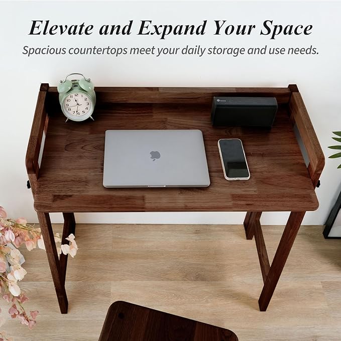 Computer Desk, Foldable Desk, Home Office Desks, Solid Wood Writing Desk, Mid Century Modern Desks, Oak Study Table, Folding Desks for Small Spaces, 31.5 W x 27.6 H x 13.6 D Inches, Walnut