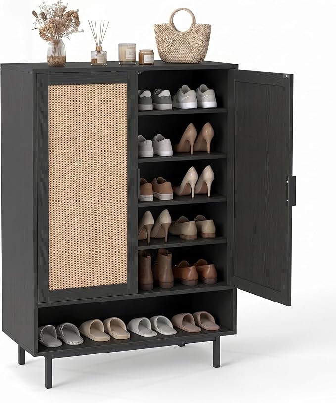 LOKO Shoe Storage Cabinet with 2 Doors, 6-Tier Rattan Shoe Organizer with Adjustable Shelves & Open Compartment, Freestanding Hidden Shoe Cabinet for Entryway, Closet & Living Room (Black)