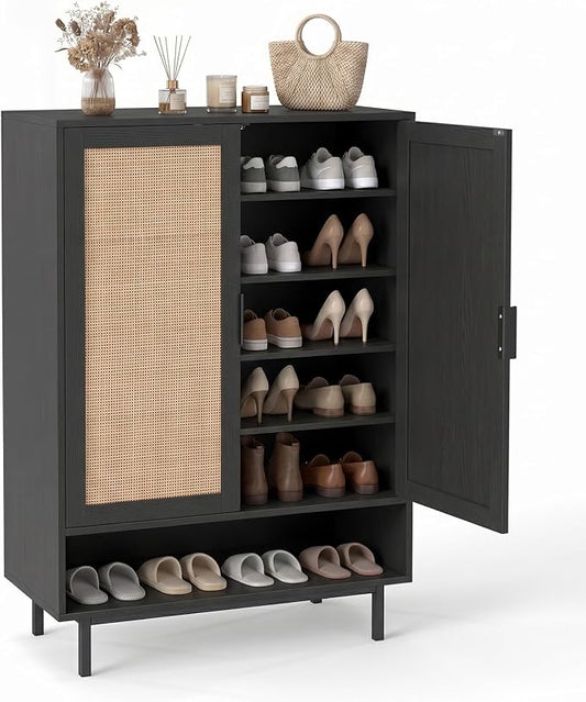 LOKO Shoe Storage Cabinet with 2 Doors, 6-Tier Rattan Shoe Organizer with Adjustable Shelves & Open Compartment, Freestanding Hidden Shoe Cabinet for Entryway, Closet & Living Room (Black)