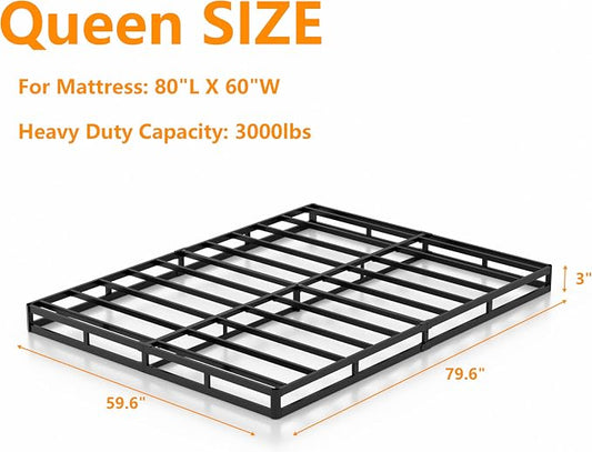 DORITRON 3 Inch Low Profile Box Spring Queen, 3000lbs Heavy Duty Queen Size Box Spring Bed Base Metal Mattress Foundation, Easy Assembly, Noise Free