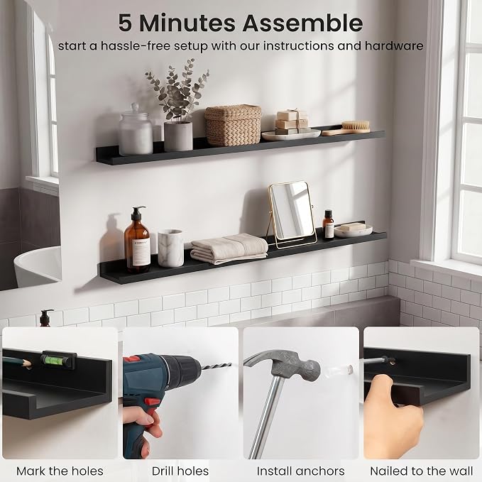 Axeman Picture Ledge Shelf | 40 Inch Floating Shelves Set of 4 | Black Wall Shelves with Lip | Black Picture Shelf for Wall with Ledge | Wood Photo Ledges for Living Room Bedroom