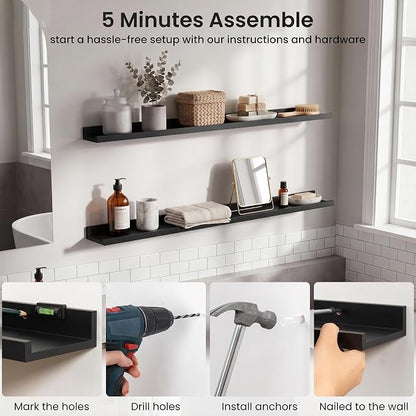 Axeman Picture Ledge Shelf | 40 Inch Floating Shelves Set of 4 | Black Wall Shelves with Lip | Black Picture Shelf for Wall with Ledge | Wood Photo Ledges for Living Room Bedroom