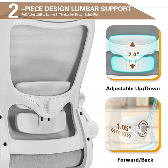 Ergonomic Office Chair for Long Hours, Padded Lumbar Support for Lower Back Relief, 330 lb Capacity, Comfortable Computer Desk Chair for Home Office, Computer & Study