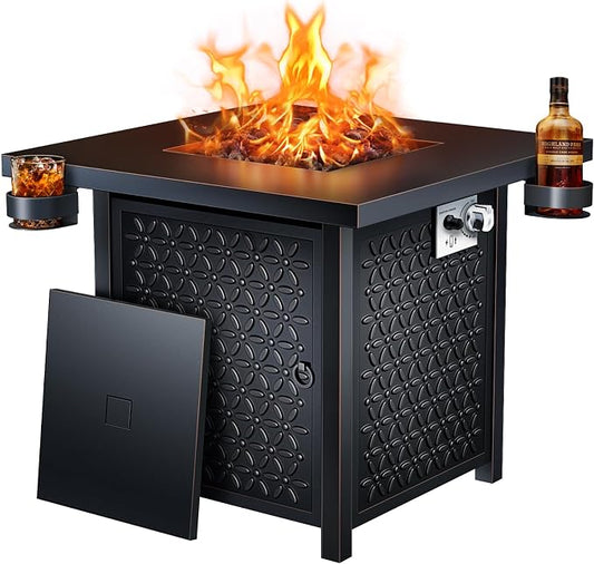 Ciays Propane Fire Pit, 28 inch Fire Pit Table with Two Cup Holders, 50,000 BTU Steel Gas Fire Pit with Pulse Ignition System, Perfect for Patio, Garden & Backyard Gatherings, CIFPT11B, Black