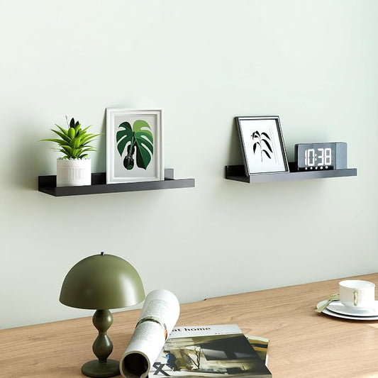 Black Floating Shelves for Wall Decor, Wall Mounted Wood Storage Shelf for Bedroom, Living Room, Bathroom, Kitchen, Nursery, Display Picture Ledge Shelf with Lip Set of 2-14 Inches, Black
