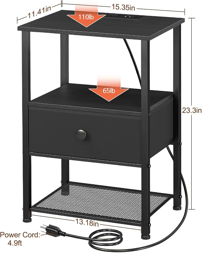 LOAKEKEL Nightstands Set of 2 with Charging Station, Night Stand with Fabric Drawer, End Tables Living Room with Storage Shelf for Small Spaces, Bed Side Tables for Bedroom, Black, HETS010BK
