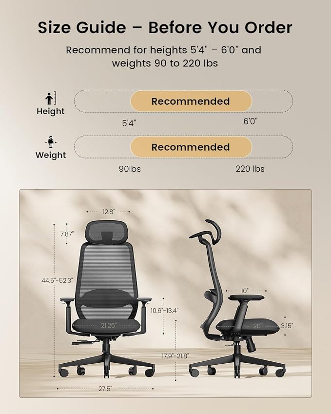 ProtoArc EC200 Ergonomic Office Chair – High-Back Mesh Computer Chair with Lumbar Support, Adjustable Seat Depth & 3D Headrest Ergo Desk Chairs for Work from Home, 8+ Hours Comfort – Black