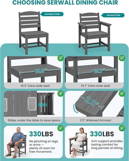 SERWALL Outdoor Dining Sets for 10 Person, HDPE Dining Set with 2 Tables, 8 Armless Chairs and 2 Armed Dining Chairs, Gray