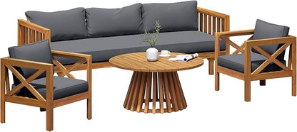 Merax Outdoor 4-Piece Acacia Wood Conversation Set - Patio 3-Seat Loveseat Sofa Daybed with Cushion, 2 Armchair and Round Coffee Table for Backyard, Lawn, Balcony, Teak+Dark Gray