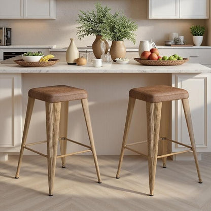 Bar Stools Set of 2, 24" Counter Height Bar Stools Backless, Upholstered Bar Stools with Metal Legs for Kitchen Island, Study Room, Cafe, Walnut
