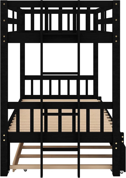 RUNNA Twin Over Twin/Queen Bunk Bed with Trundle, Pull-Out, Espresso | Twin over twin/queen bunk bed with trundle,stretchable pull-out bed,solid wood,guardrails,no box spring needed,espresso