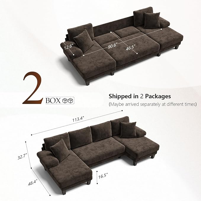 Txtin's Sleeper Sofa with Pull Out Couch Bed | 112 Inch Couches for Living Room | U-Shaped Convertible Sofa Bed | Chenille Brown