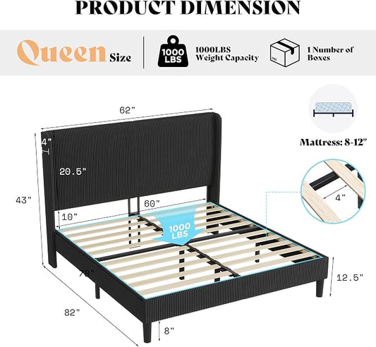 AMERLIFE Queen Bed Frame, Upholstered Platform Bed with Corduroy Headboard, Easy Assembly Modern Black Bed Frame with Wooden Slats Support, No Box Spring Needed