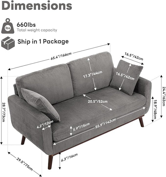 Kingfun 65" Corduroy Love Seat with Spring Cusions, Mid Century Modern Loveseat Sofa for Livingroom & Bedroom, Comfy Upholstered Small Couch, Gray