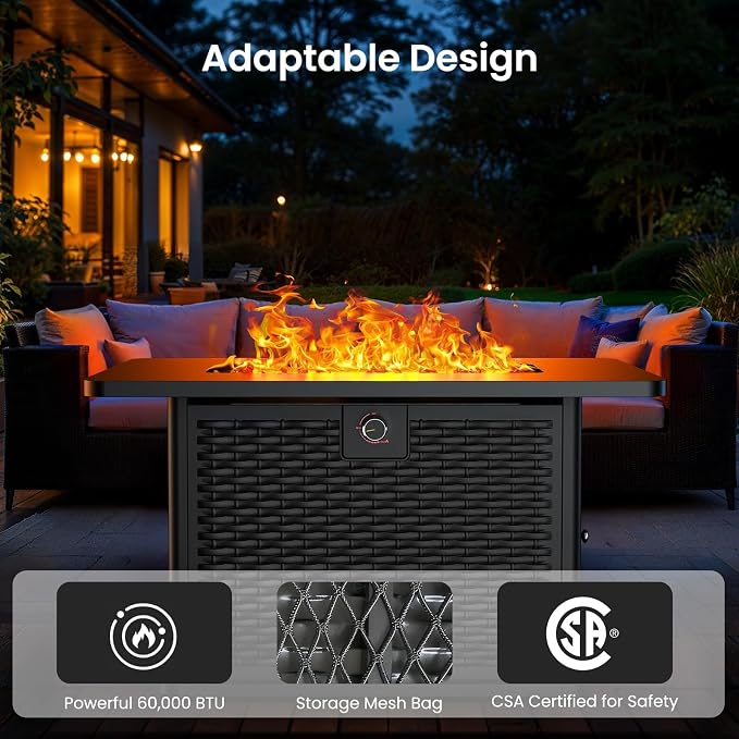 Ciays 43-Inch Rectangular Propane Fire Pit Table - 60,000 BTU, CSA-Certified 2-in-1 Design, 304 Stainless Steel H-Burner, Included Cover & Lava Rocks - Ideal for Gatherings & Parties