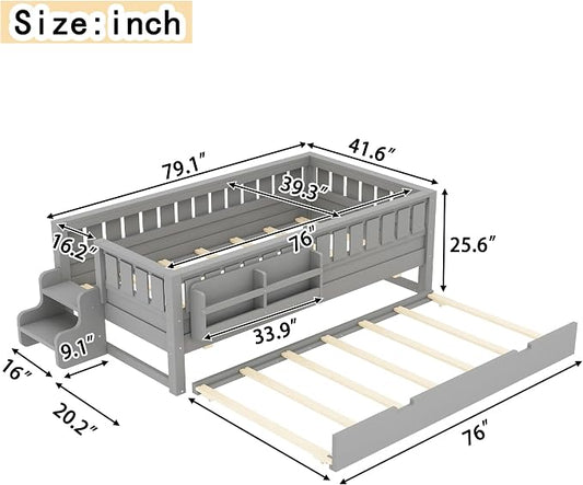 Bellemave Twin Size Kids Bed with high Rails and with Built-in Bookshelf and Trundle for Kids, Girls, Boys, Wood Montessori Bed Without Door, Gray