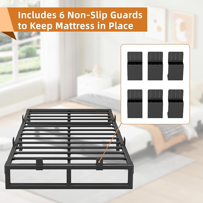 King Size Bed Frame, 12 Inch Metal Platform Bed Frames with Squeak Free U-Slot Design, 6 Non-Slip Guards, 3500lbs Heavy Duty Steel Slat Support, No Box Spring Needed, Under Bed Storage, Black