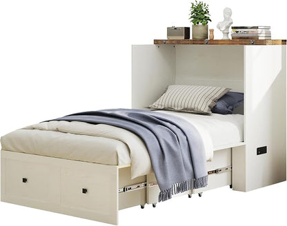 LUXOAK Twin Murphy Bed with Built-in Charging Station and Storage Drawer, Farmhouse Foldable Cabinet Bed for Guest Room, Apartment or Home Office, White