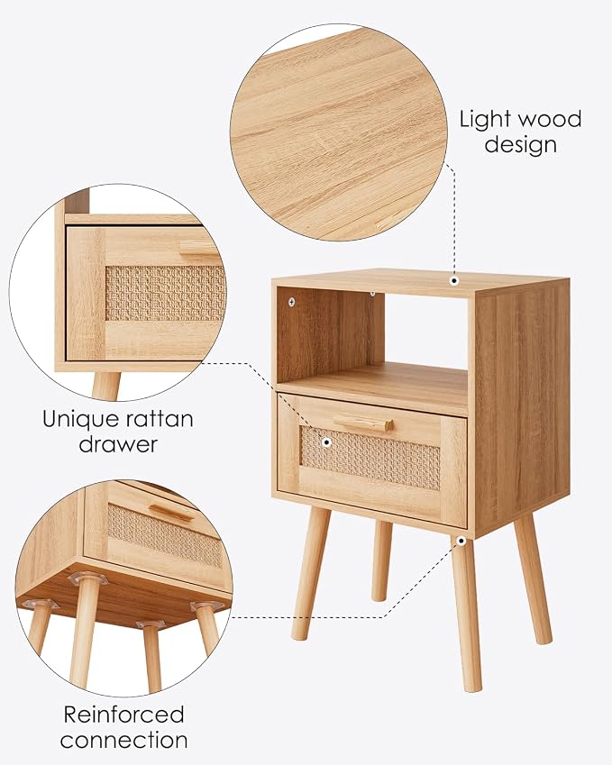Aienvey Rattan Nightstand, Small Night Stand, Side Table with Drawer Open Shelf, Cane Accent Bedside End Table with Wood Legs, Mid Century Modern Nightstand for Bedroom, Oak (Mid-Century Modern)