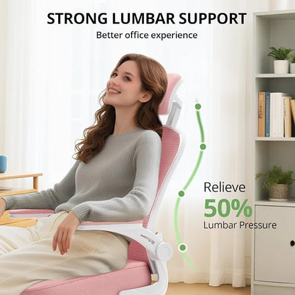 Office Chair Ergonomic Desk Chair, 330LBS Capacity, High Back Computer Design for Long Hours Comfort, Rolling Swivel Executive Task for Home Office with Flip-up Armrests, White Pink