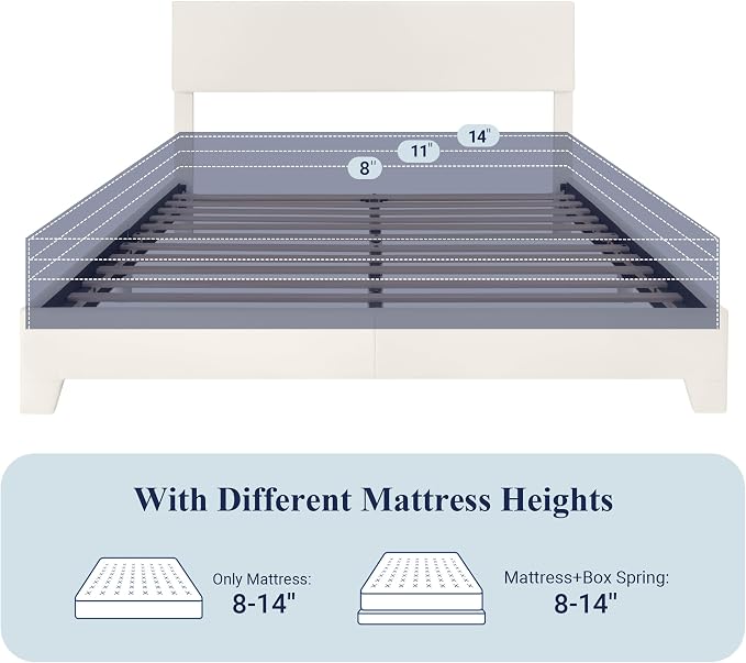 Allewie Full Size Bed Frame with Adjustable Headboard, Faux Leather Platform Bed with Wood Slats, Heavy Duty Mattress Foundation, No Box Spring Needed, Noise-Free, Easy Assembly, White