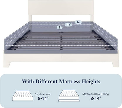 Allewie Full Size Bed Frame with Adjustable Headboard, Faux Leather Platform Bed with Wood Slats, Heavy Duty Mattress Foundation, No Box Spring Needed, Noise-Free, Easy Assembly, White
