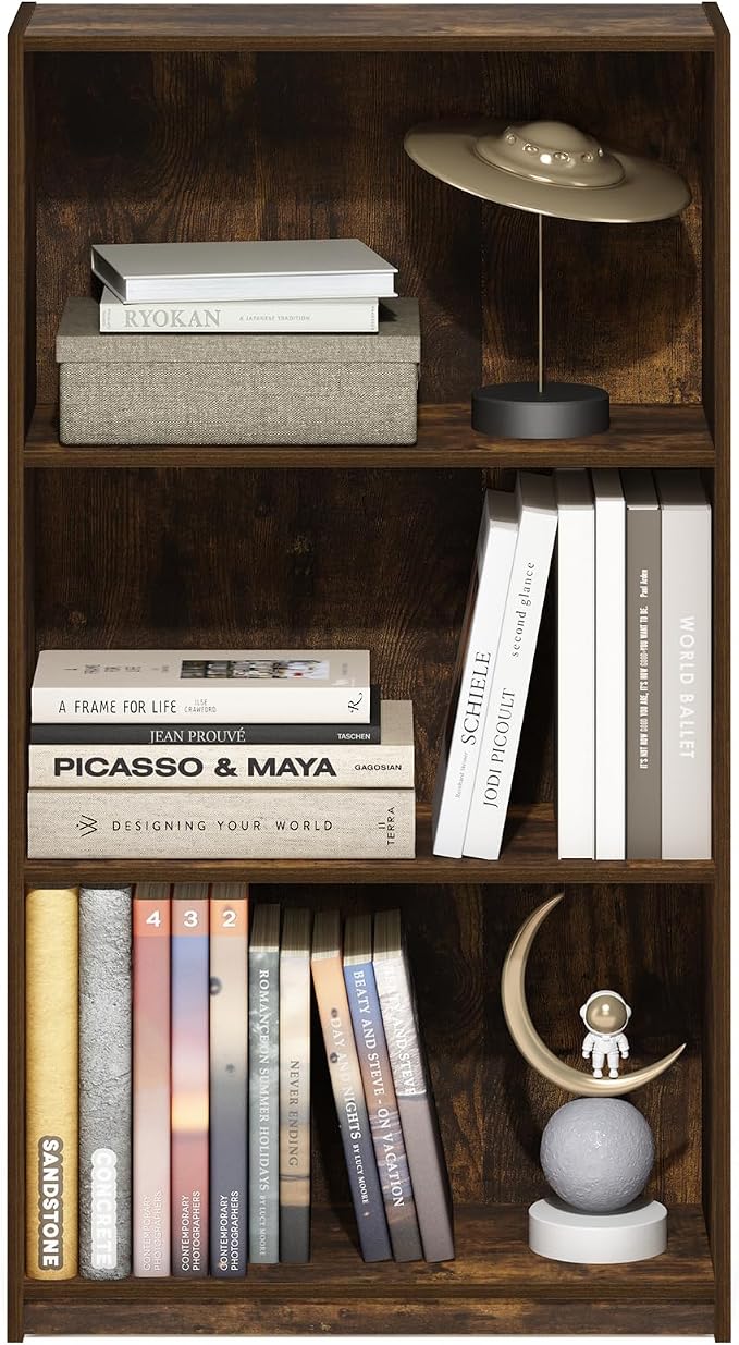 Furinno Basic Book Shelf, 3-Tier Modern Bookshelf, Bookcase with Open Shelves, 9.3 x 21.8 x 39.5, for Living Room, Bedroom, Home Office, Amber Oak