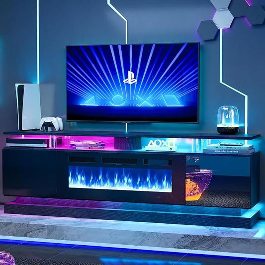 70" Fireplace TV Stand, Modern Entertainment Center for TVs Up to 80", TV Console with Storage Cabinets, Media Console for Living Room, 70IN Glossy Black TV Stand and 36IN Black Fireplace
