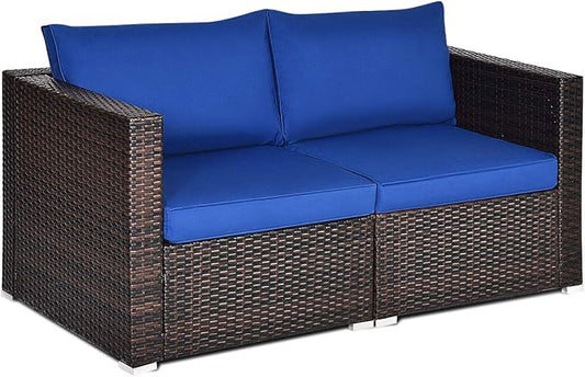 Tangkula Wicker Loveseat 2 Piece, Patio Furniture Couch with Removable Cushions, Rattan Loveseat Sofa for Balcony, Deck, Garden and Poolside
